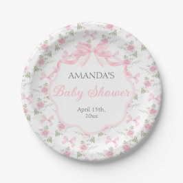 Toile De Jouy Pink Bow Girl Baby Shower ペーパープレート