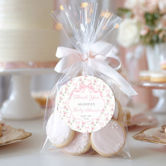 Toile De Jouy Pink Bow Girl Baby Shower ラウンドシール