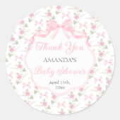 Toile De Jouy Pink Bow Girl Baby Shower ラウンドシール (正面)