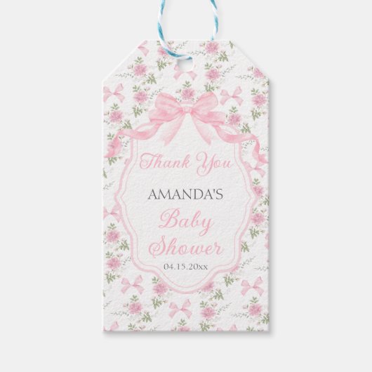 Toile De Jouy Pink Bow Girl Baby Shower Party ギフトタグ (正面)