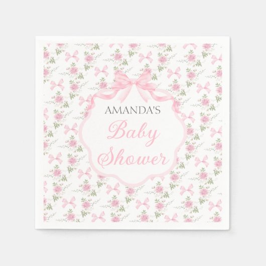 Toile De Jouy Pink Bow Girl Baby Shower Party スタンダードカクテルナプキン (正面)