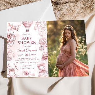 Toile De Jouy Pink Girl Baby Showerパーティー写真 招待状