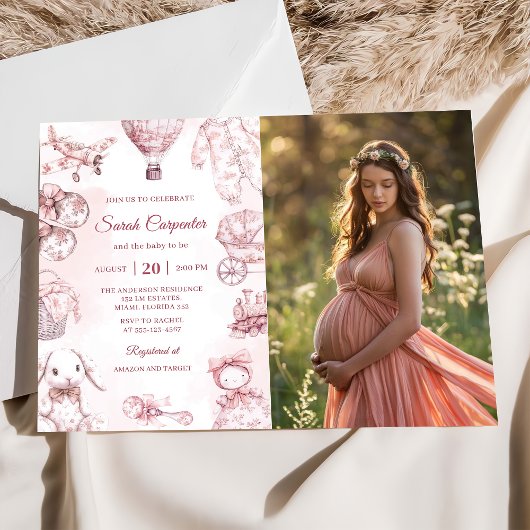 Toile De Jouy Pink Girl Baby Shower Party 招待状