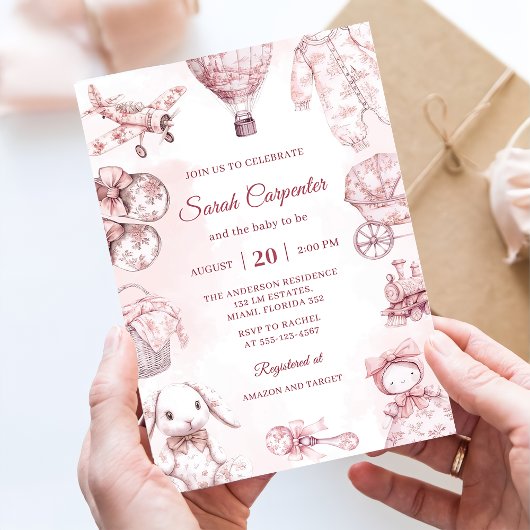 Toile De Jouy Pink Girl Baby Shower Party 招待状