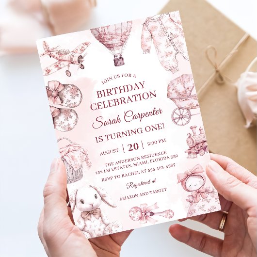 Toile De Jouy Pink Girl Birthday Party 招待状
