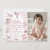 Toile De Jouy Pink Girl Birthday Party Photo  招待状 (正面)