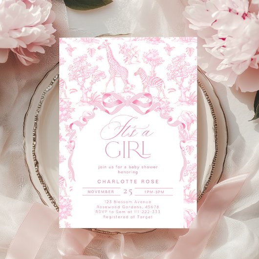 Toile de Jouy Pink Safari animals女の子 招待状