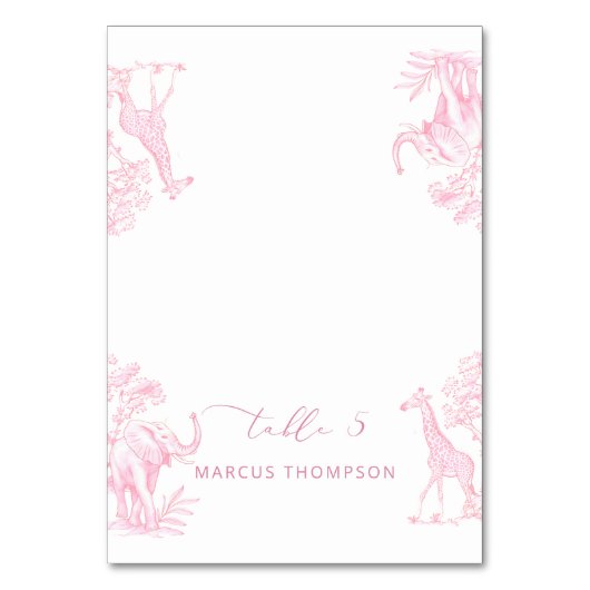 Toile de Jouy Pink Safari animals place cards テーブルナンバー (正面)