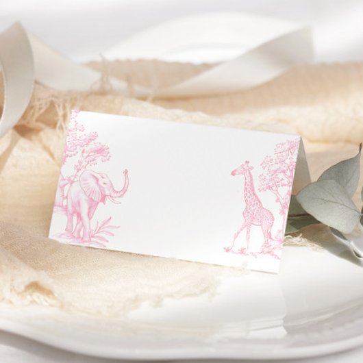 Toile de jouy Pink Safari baby shower place cards