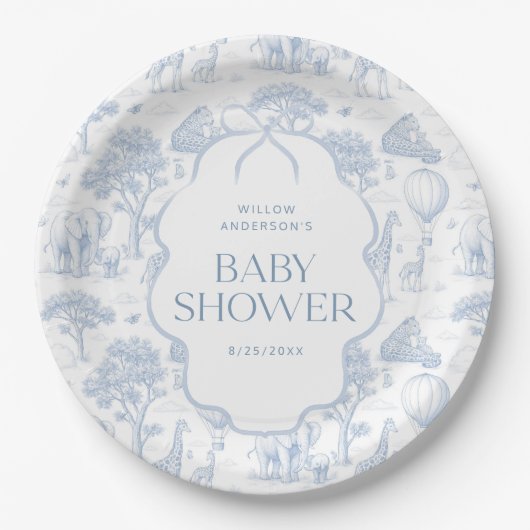 Toile De Jouy Safari Blue Baby Shower Paper Plates ペーパープレート (正面)