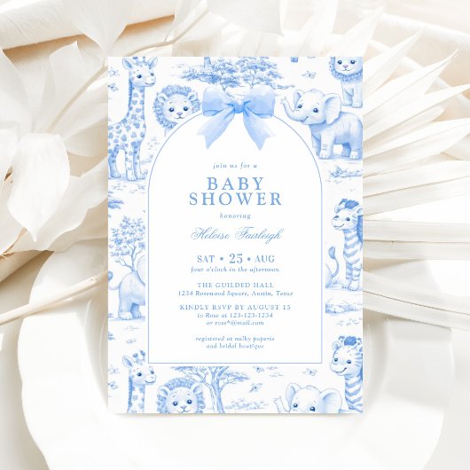 Toile De Jouy Safari Blue Boy Baby Shower 招待状