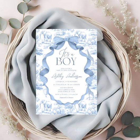Toile de Jouy Safari It's a Boy Baby Shower 招待状