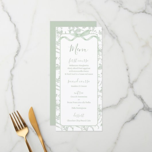 Toile de jouy Sage Baby Shower Menu Card メニュー (正面/裏面インサイチュ)