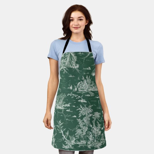 Toile de Jouy verte エプロン (着用した状態)