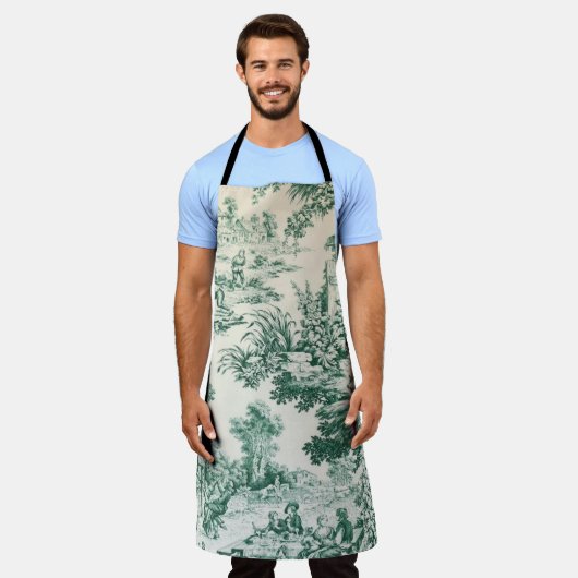 Toile de Jouy verte エプロン (着用した状態)