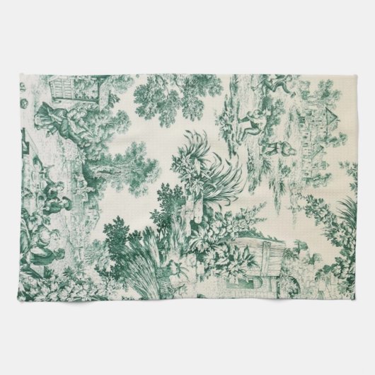 Toile de Jouy verte キッチンタオル (横)