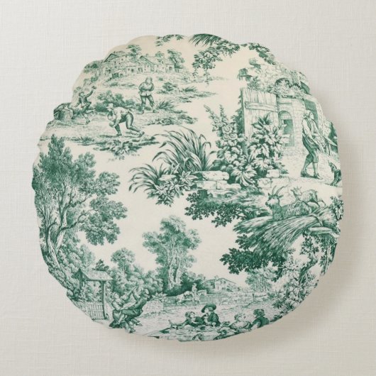 Toile de Jouy verte ラウンドクッション (正面)
