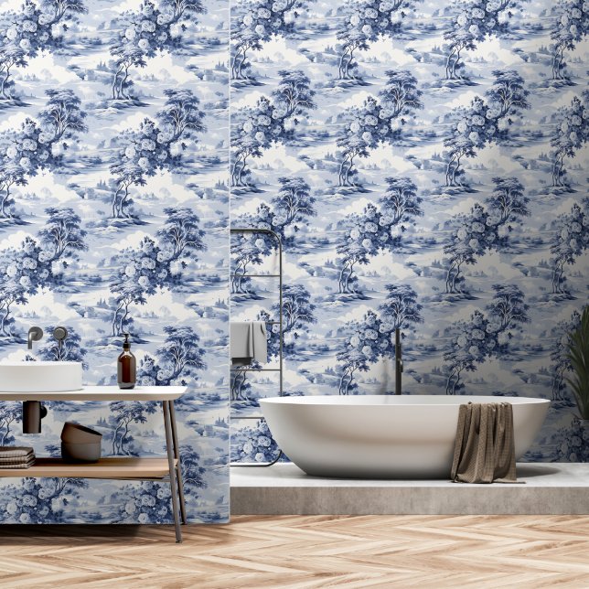 Toile du Jouy Blue Faux French  壁紙 (浴室)