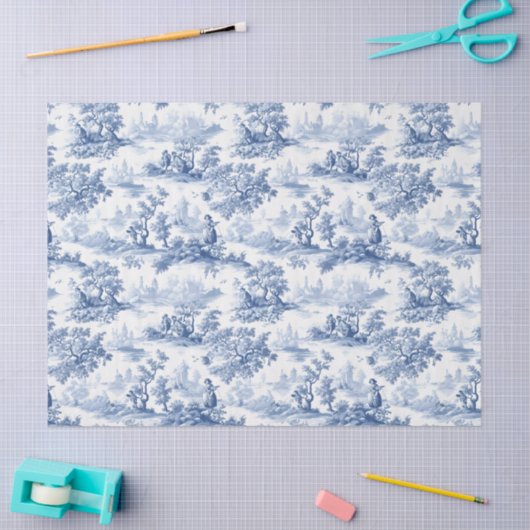 Toile du Jouy Blue Faux French  薄葉紙 (クラフト)