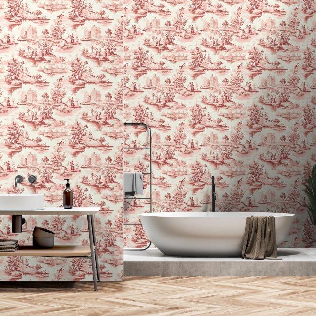 Toile du Jouy Red Faux French  壁紙 (浴室)