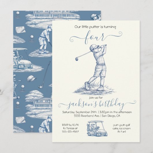 Toile Golf Boy Birthday Party Invitation 招待状 (正面/裏面)