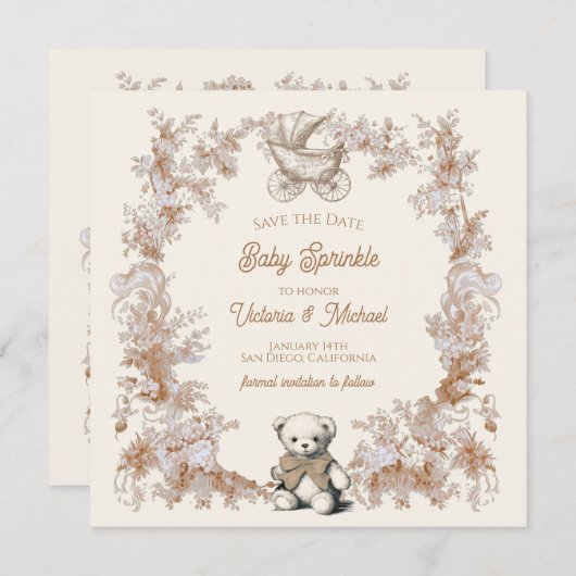 Toile Neutral Teddy Bear Carriage Save the Date 招待状 (正面/裏面)