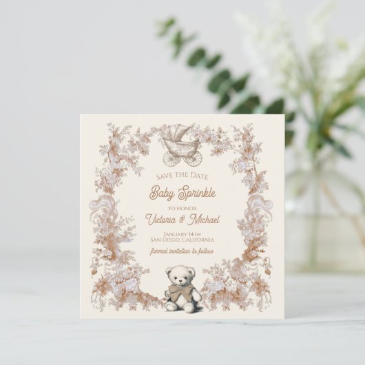 Toile Neutral Teddy Bear Carriage Save the Date 招待状 (スタンド正面)