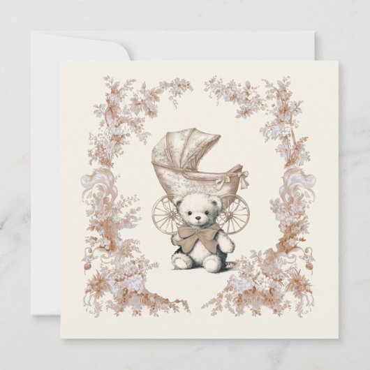 Toile Neutral Teddy Bear Carriage Save the Date 招待状 (裏面)