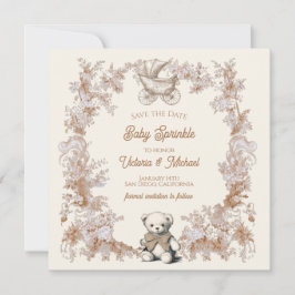 Toile Neutral Teddy Bear Carriage Save the Date 招待状
