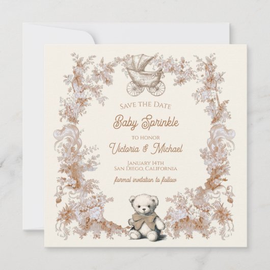 Toile Neutral Teddy Bear Carriage Save the Date 招待状 (正面)