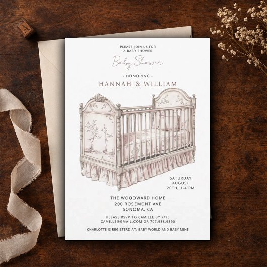 Toile Pink Baby Shower 招待状