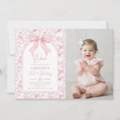 Toile Pink Bowフローラ1stバースデーフォト 招待状 (正面)