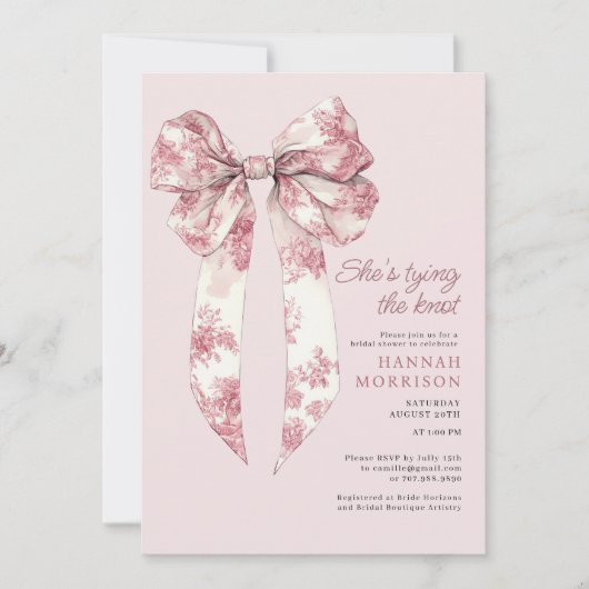 Toile Pink Coquette Bow Bridal Shower 招待状 (正面)
