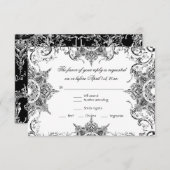 Toile RSVPカードを結婚する黒いnの白いダマスク織の渦巻 出欠カード (正面/裏面)