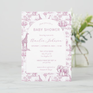 Toile Safari Pink Baby Shower Invitation Animal 招待状