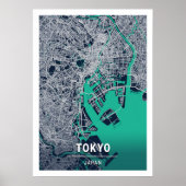 Tokyo - Japan Blue Dark City Map ポスター (正面)