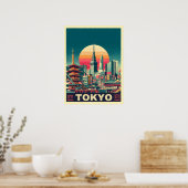 Tokyo Japan travel RETRO skyline gifts ポスター (キッチン)