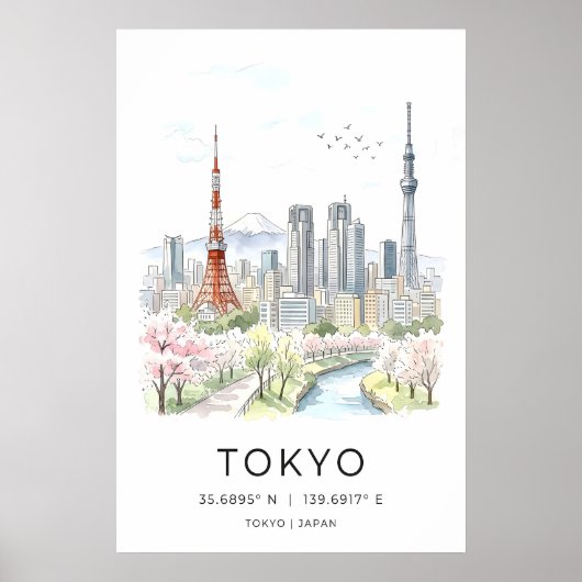 Tokyo Skyline Art Print, Watercolor Cityscape ポスター (正面)