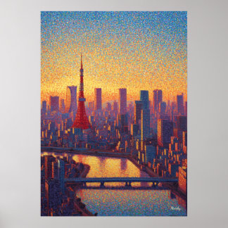 Tokyo Tower Pointillism Skyline Sunset Art ポスター