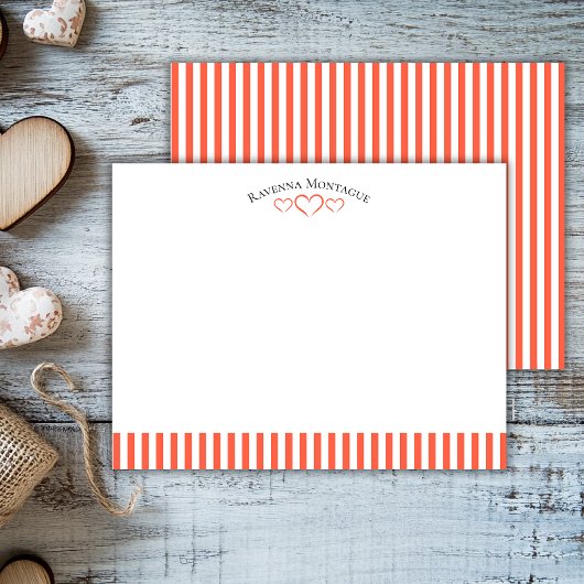 Tomato Modern Open Hearts Striped Note Card ノートカード