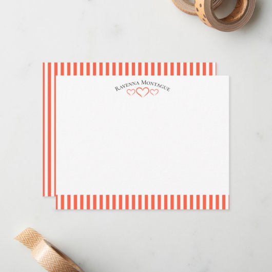 Tomato Modern Open Hearts Striped Note Card ノートカード (正面/裏面インサイチュ)