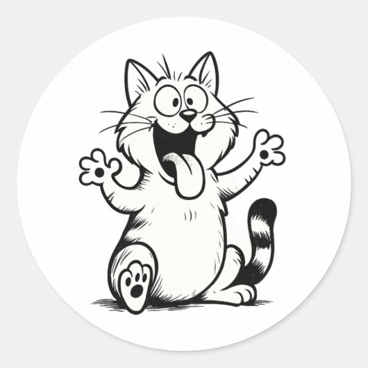 "Tongue Out, Paws Up!" – Funny Cartoon Cat ラウンドシール (正面)