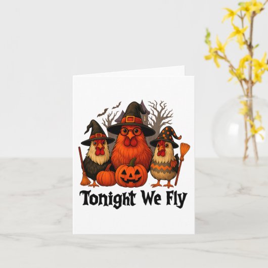 Tonight We Fly Funny Halloween Chicken Witch Broom カード (黄色い花)