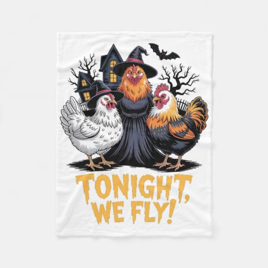 Tonight We Fly Funny Halloween Witch Chickens Spoo フリースブランケット (正面)