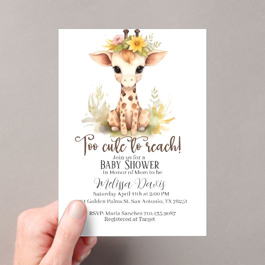Too Cute to Reach Giraffe Baby Shower Invitation アクリル招待状 (インサイチュ (ポータブル))