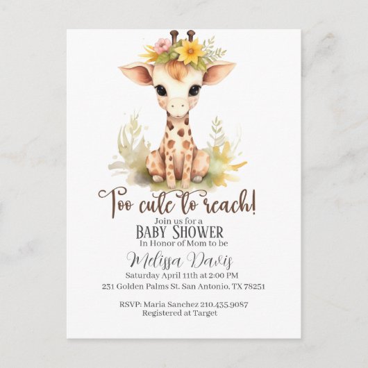 Too Cute to Reach Giraffe Baby Shower Invitation ポストカード (正面)