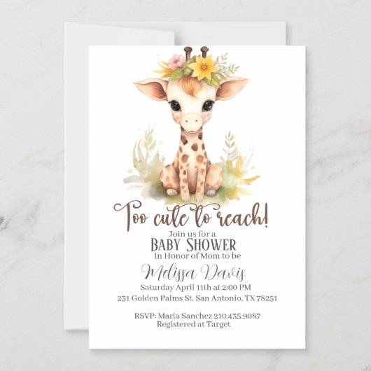 Too Cute to Reach Giraffe Baby Shower Invitation マグネット招待状 (正面)