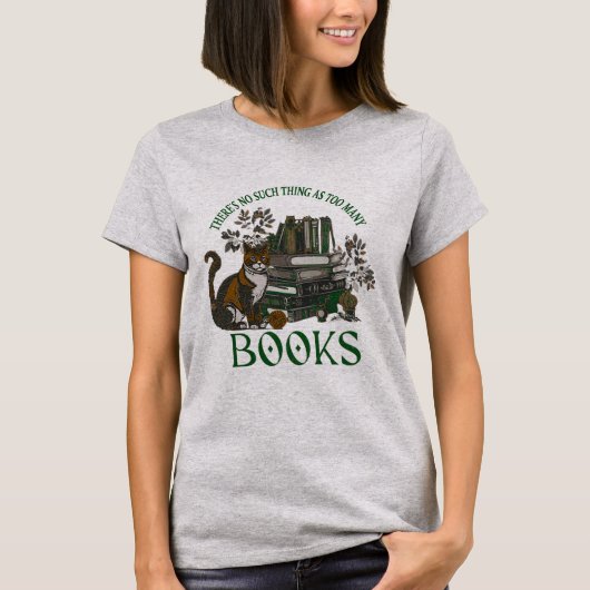 Too Many Books Green ダークアカデミアTシャツ Tシャツ (正面)