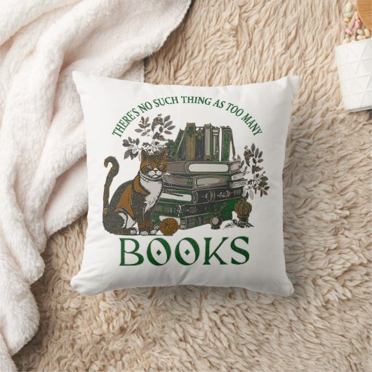Too Many Books Green Floral Academia Throw Pillow クッション (ブランケット)