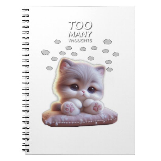 Too Many Thoughts Cat Notebook – Cute Overthinking ノートブック (正面)